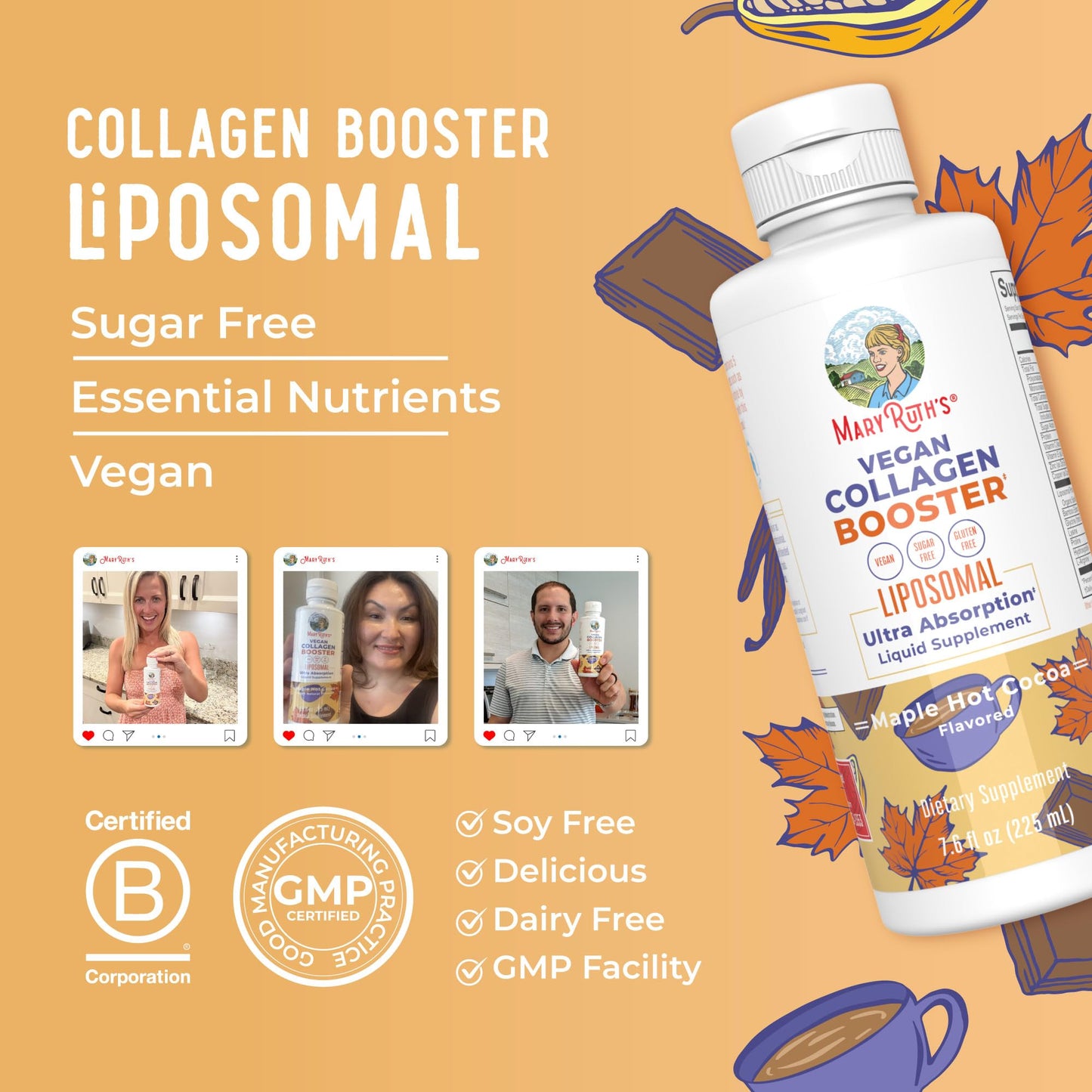 MaryRuth's Vegan Collagen Booster Liposomal | Sugar Free | Liquid Collagen Booster with Vitamin C | 250mg Amino Acids | Skin Care & Joint Support Supplement | Vegan | Non-GMO | Gluten Free | 7.6 Fl Oz