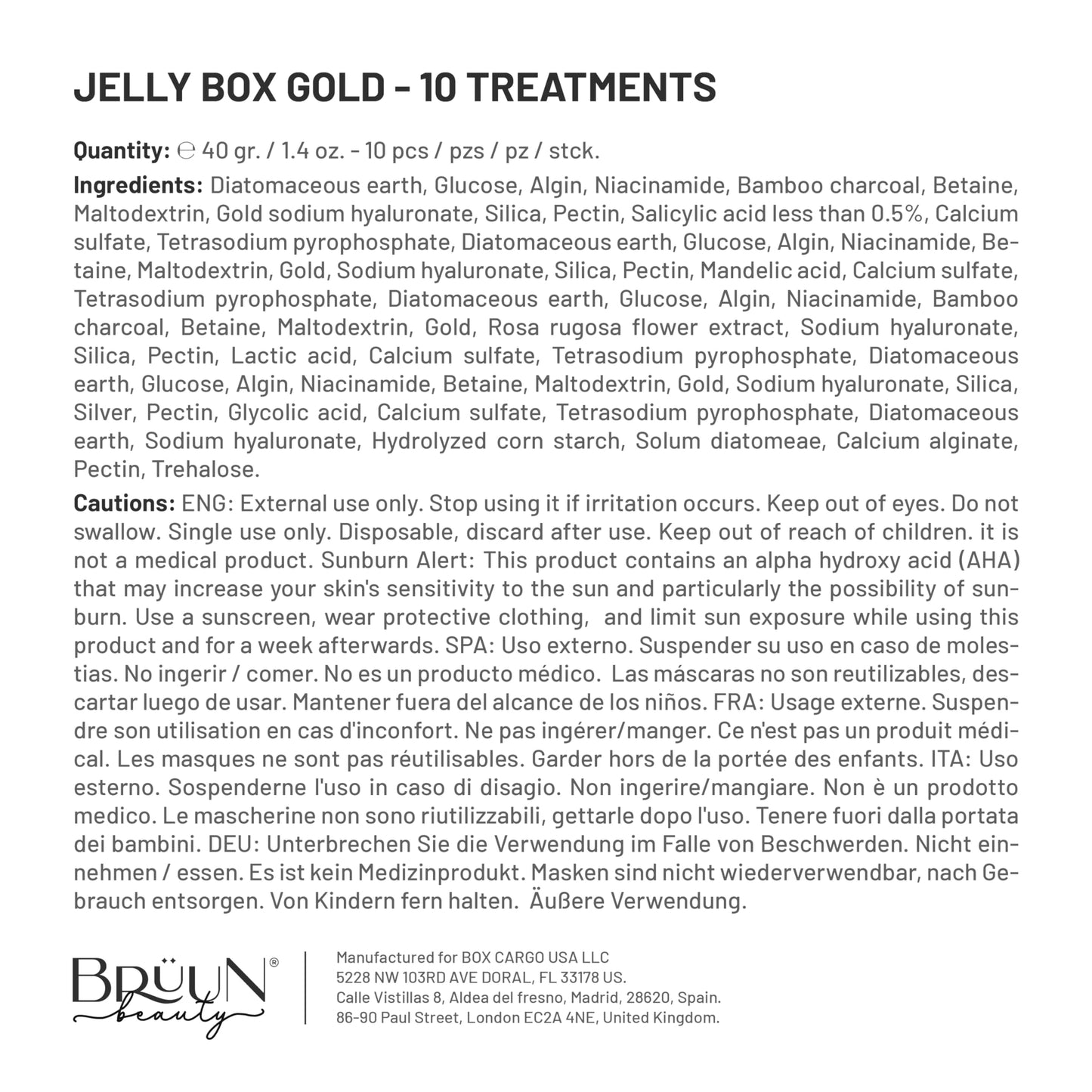 BRÜUN Peel-Off Jelly Mask Rubber Mask - 5 Treatments BHA AHA (Black Gold Salicylic AC, Red Gold Lactic AC, White Gold Glycolic AC, 24k Gold Mandelic AC, Hyaluronic AC) - 2 Packs of Each