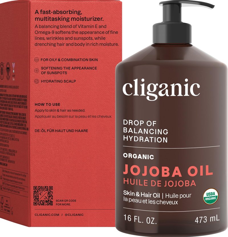 Cliganic Organic Jojoba Oil 16 oz, 100% Pure | Bulk, Natural Cold Pressed Unrefined Hexane Free for Hair & Face | Base Carrier Oil