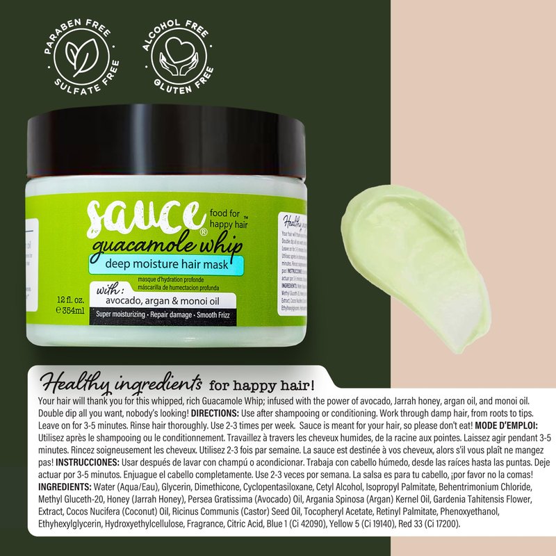SAUCE Deep Conditioning Hair Mask for Dry Damaged Hair, Guacamole Whip (12 Fl Oz) Frizz Control with Avocado, Jarrah Honey, Monoi & Argan Oil