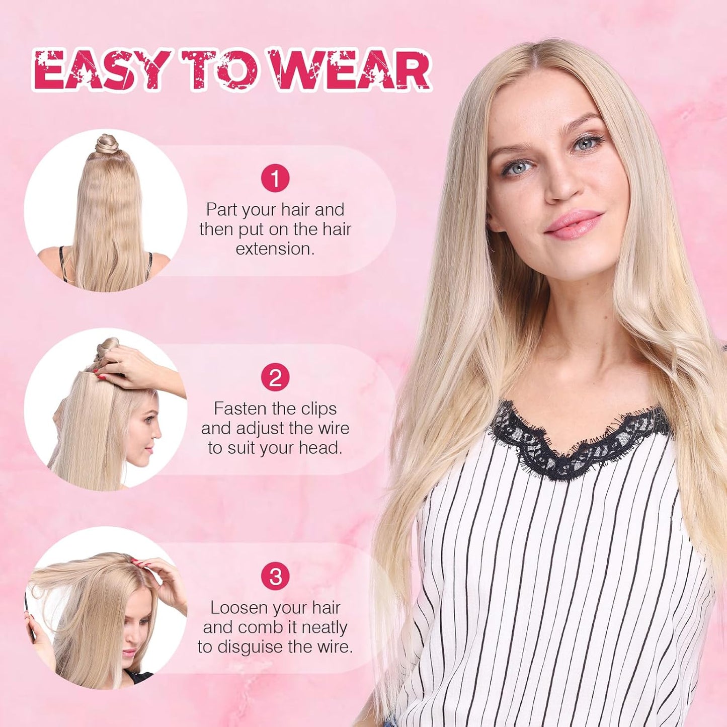 Halo Hair Extensions - Real Human Hair 16" Medium Brown - Adjustable Invisible Wire for Women