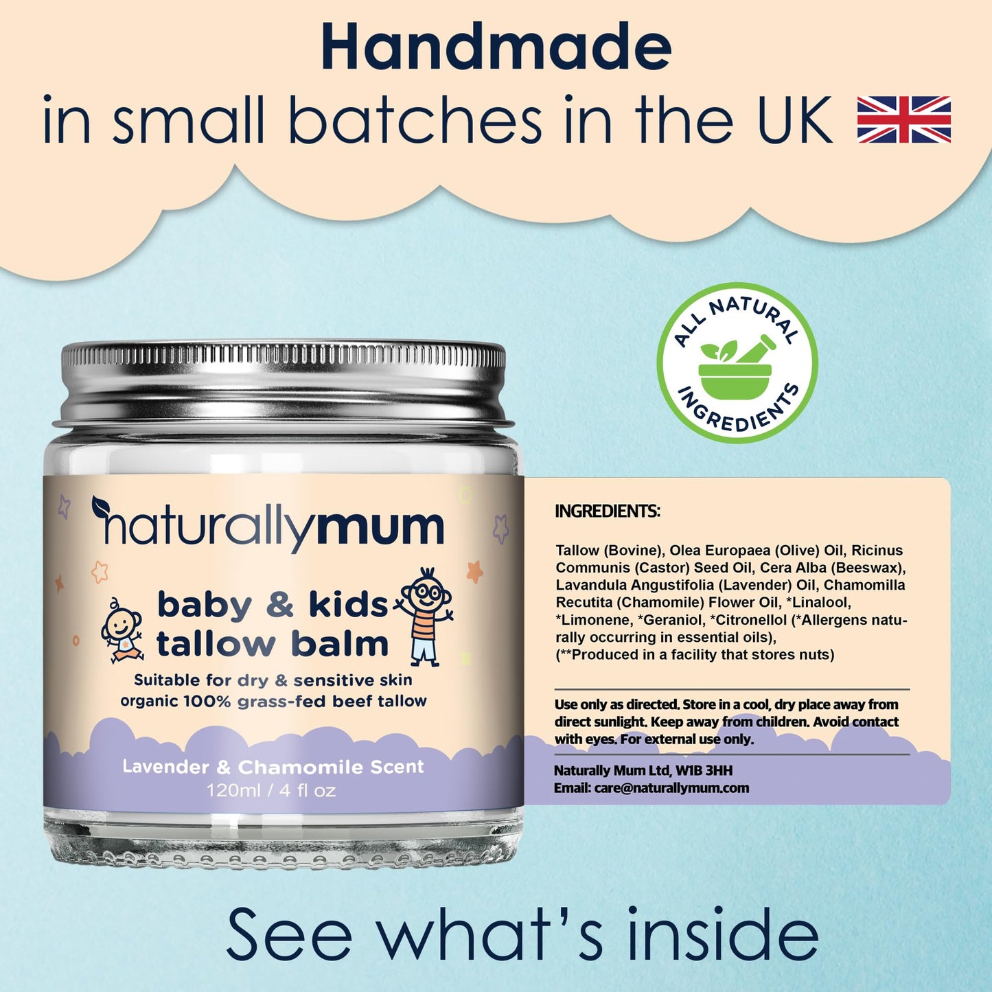 NaturallyMum Baby & Kids Tallow Balm | All-Natural Organic Grass Fed Beef Tallow | Moisturizing Cream | For Dry & Sensitive Skin | All in One Skincare Solution | 4.2 fl oz