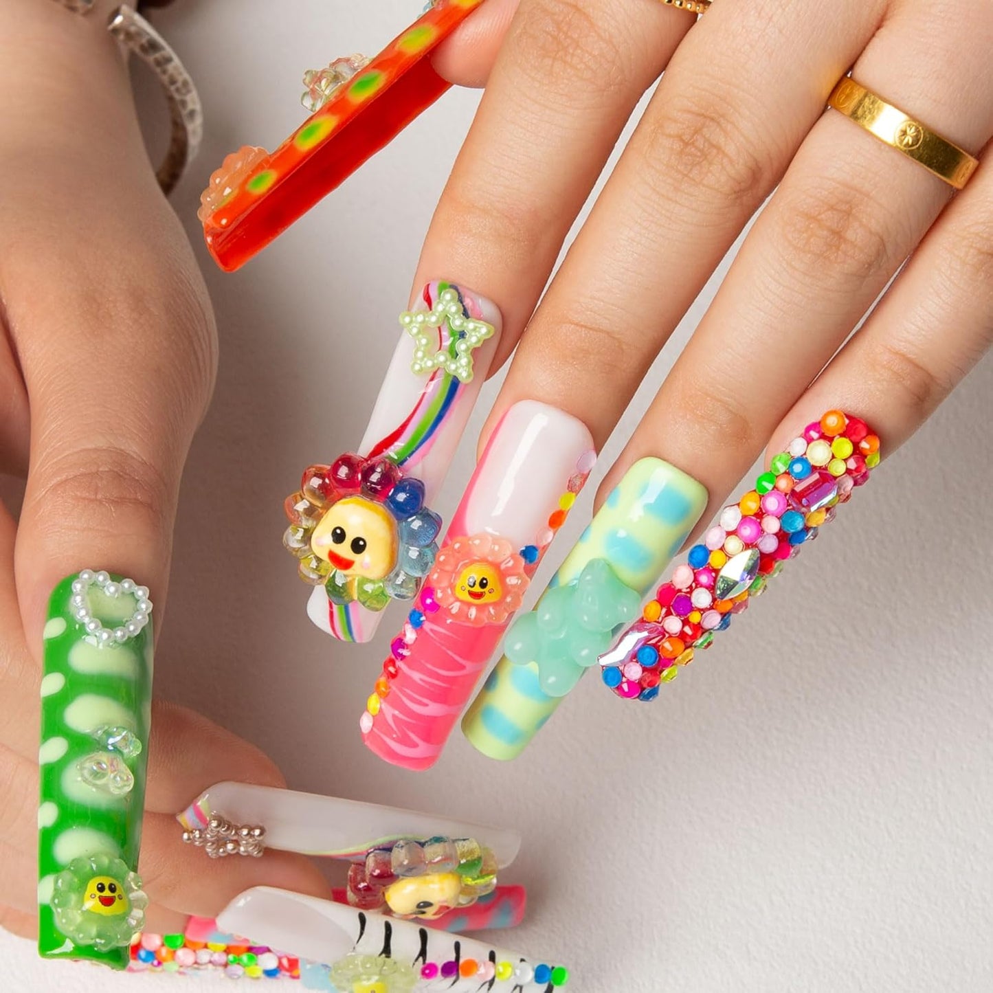 Colorful Handmade Press-On Nails with Lovkashi Flower Design | Reusable Long Square Acrylic Nails 2.2 in