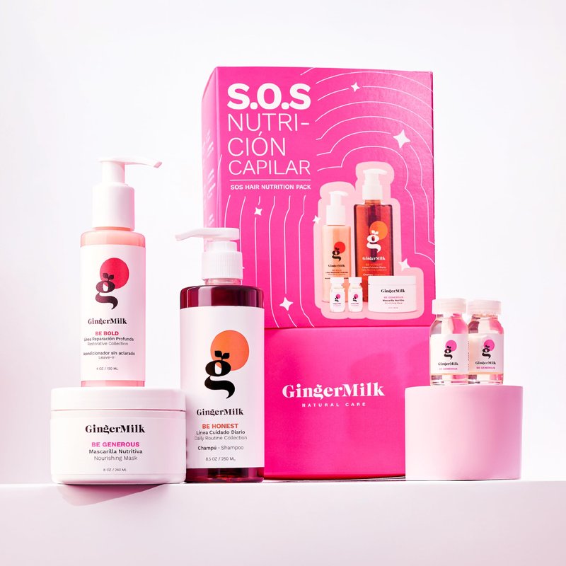 Hair Nourishment Pack SOS by GINGER MILK, Vegan Hair Care Set with pH-Balanced Shampoo 8.5oz, Hair Mask 8oz, Leave-in 4oz & 3 Ampoules | Weak Hair: Nourish, Shine, Strength, Noticeable Results Soon