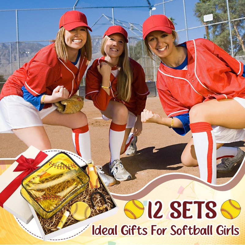 AceOrbit 60 Pcs Softball Party Favors, Softball Gifts Set Included Cosmetic Bags Polymer Clay Bracelets Lip Balms Lipstick Holder Keychains Mirrors for Women Sports Team Gifts Birthday Party Supplies