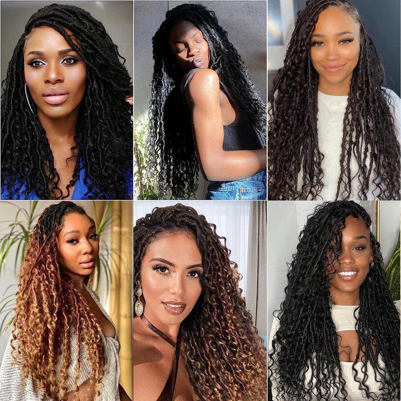 Boho Faux Locs Crochet Hair 18 Inch Goddess Locs 8 Packs Boho Soft Locs Crochet Hair with Curly Ends Pre-looped Long Bohemian River Locs for Black Women (1B, 18 Inch(Pack of 8))