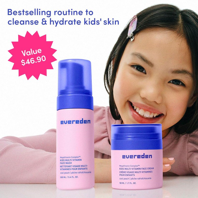 Evereden Kids Happy Face Duo (Cool Peach) - Multi-Vitamin Face Wash & Face Cream Set - Clean & Vegan Skin Care for Kids 3+ - Moisturizing, Nourishing, & Protective Skin Care Set
