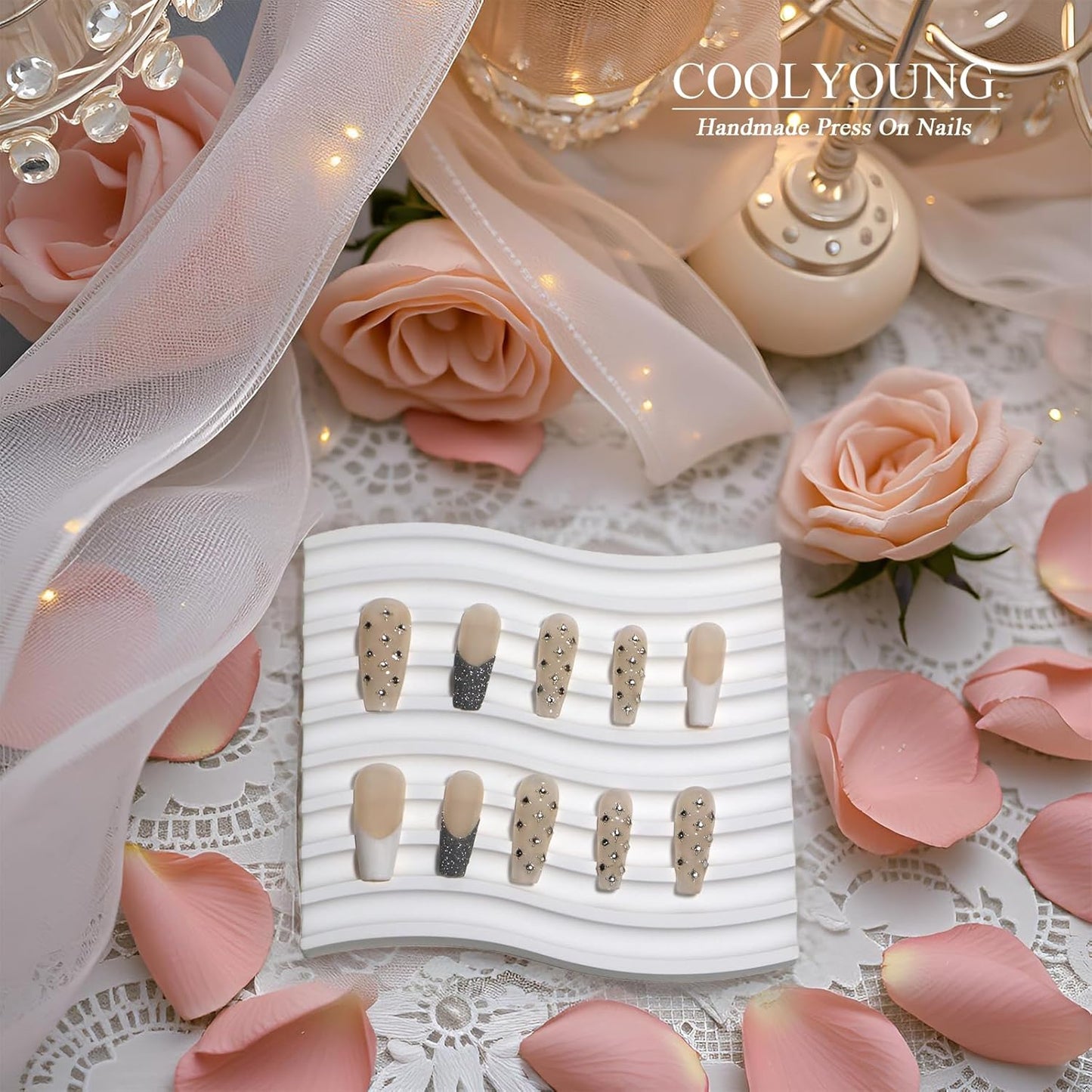 COOLYOUNG Handmade Coffin Press on Nails Set - 'Dream Angels' & 'Starry Sky' Bundle