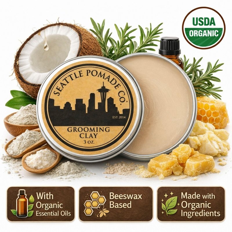 Seattle Pomade Co. Grooming Clay for Hair - USDA Certified, With Organic Essential Oils, Beeswax Based. Made with organic materials from around the world.