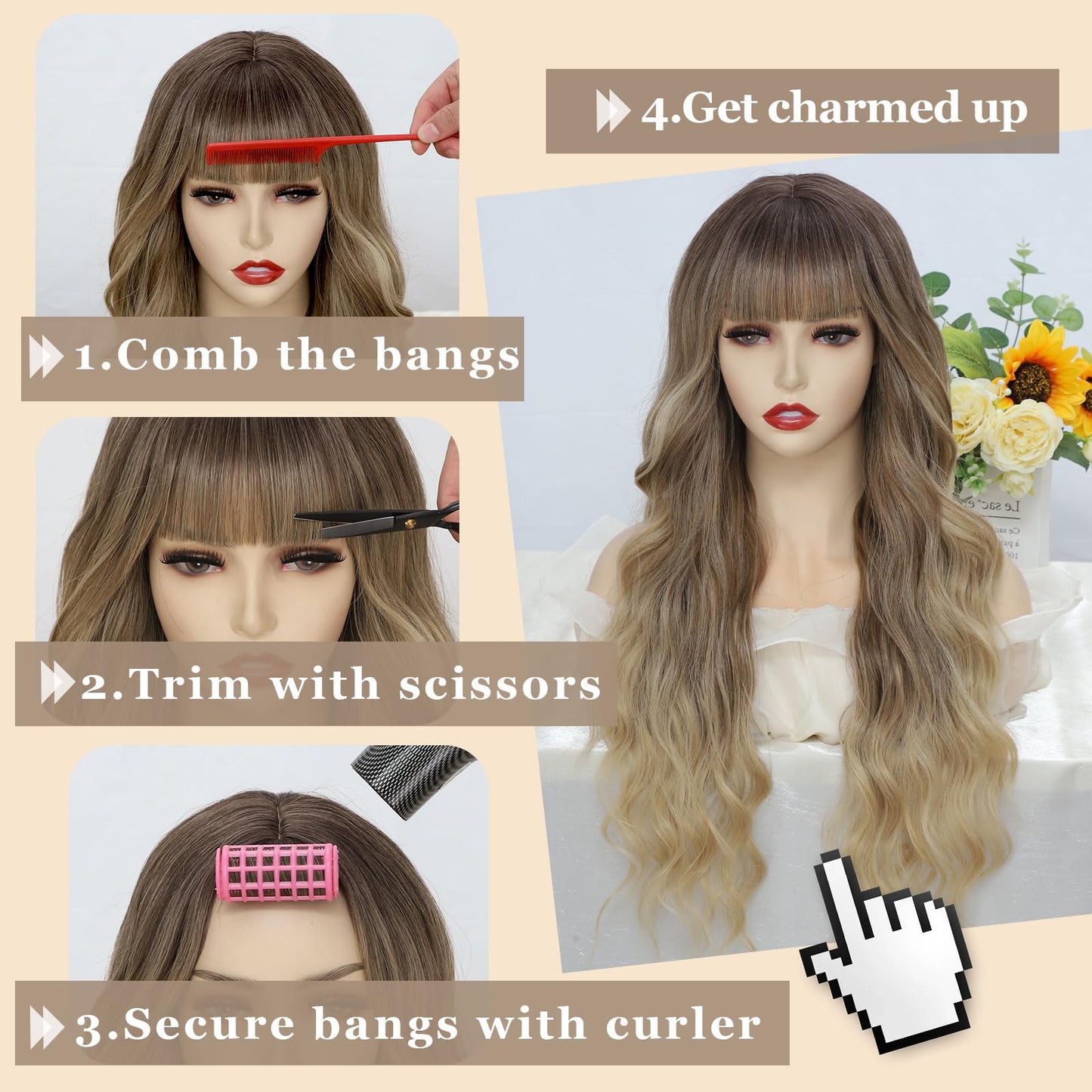 QYDEERY Black Wig with Bangs for Women Long Wavy Wigs Curly Synthetic Wig Natural Looking Hair Heat Resistant Wigs for Daily Party Use