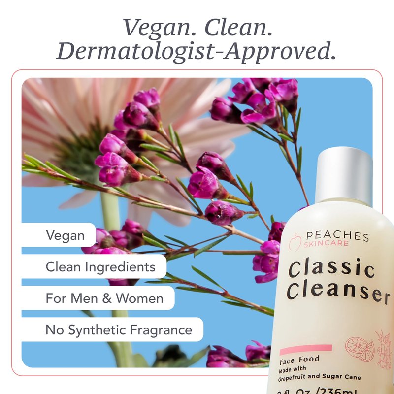 Peaches Skincare Hydrating Facial Cleanser – Vegan Face Wash with Grapefruit, Sugar Cane, and Gotu Kola – Lightly Exfoliating Daily Formula for All Skin Types – Classic Cleanser – 8 oz