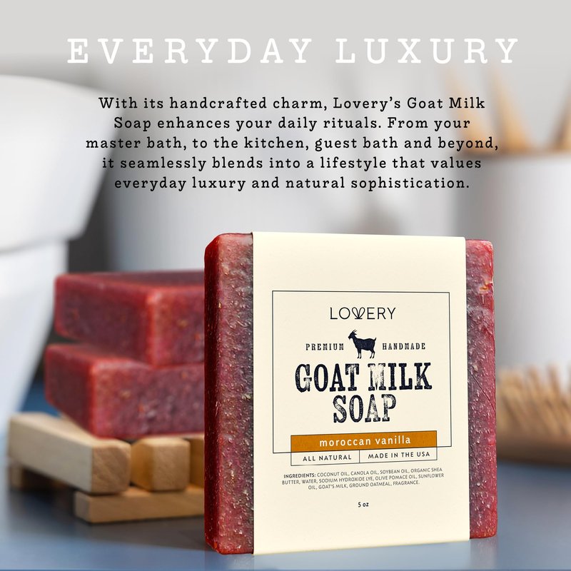 LOVERY (3-Pack Goat Milk Soap Handmade Made in USA with Organic Shea Butter Moroccan Vanilla Scent - Goats Milk Soap Bar, All Natural Soap Bar Made with Organic Goat Milk, 3 Pack, Net 15oz.
