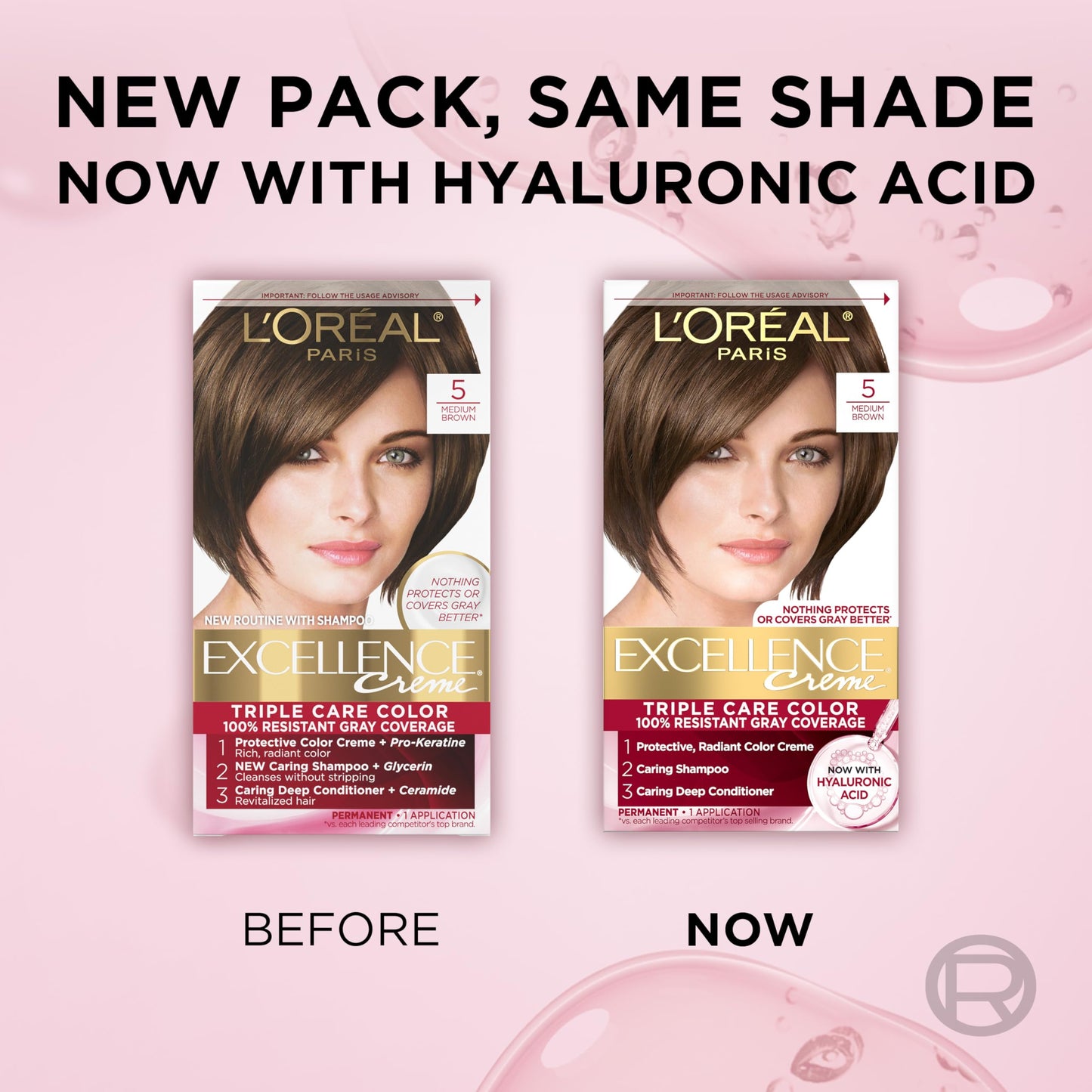 L'Oreal Paris Excellence Crème Permanent Hair Dye, Triple Care Hair Color with Hyaluronic Acid for 100% Gray Coverage, 5 Medium Brown, 1 Kit (Pack of 2) (Packaging May Vary)