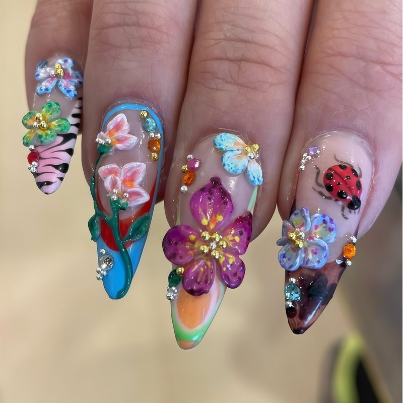 Handmade Acrylic Press On Nails Butterfly Cute Summer | Almond Nails Hand Painted 3D Floral | Reusable Vacation Style | Luxury Gift for Women (Long Almond & Size L) Headeer