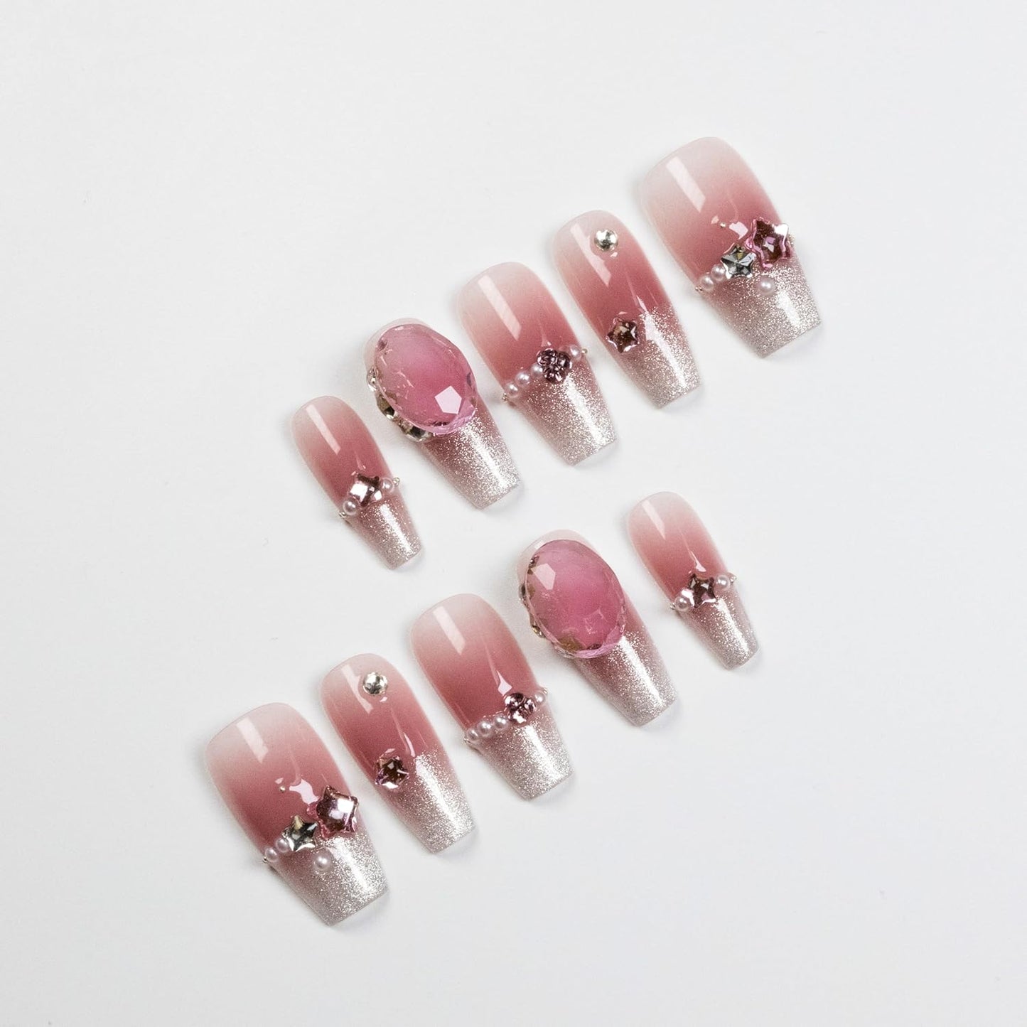 3D Squoval Press-On Nails with Star Glitter - Pink Fake Nails for Women & Girls