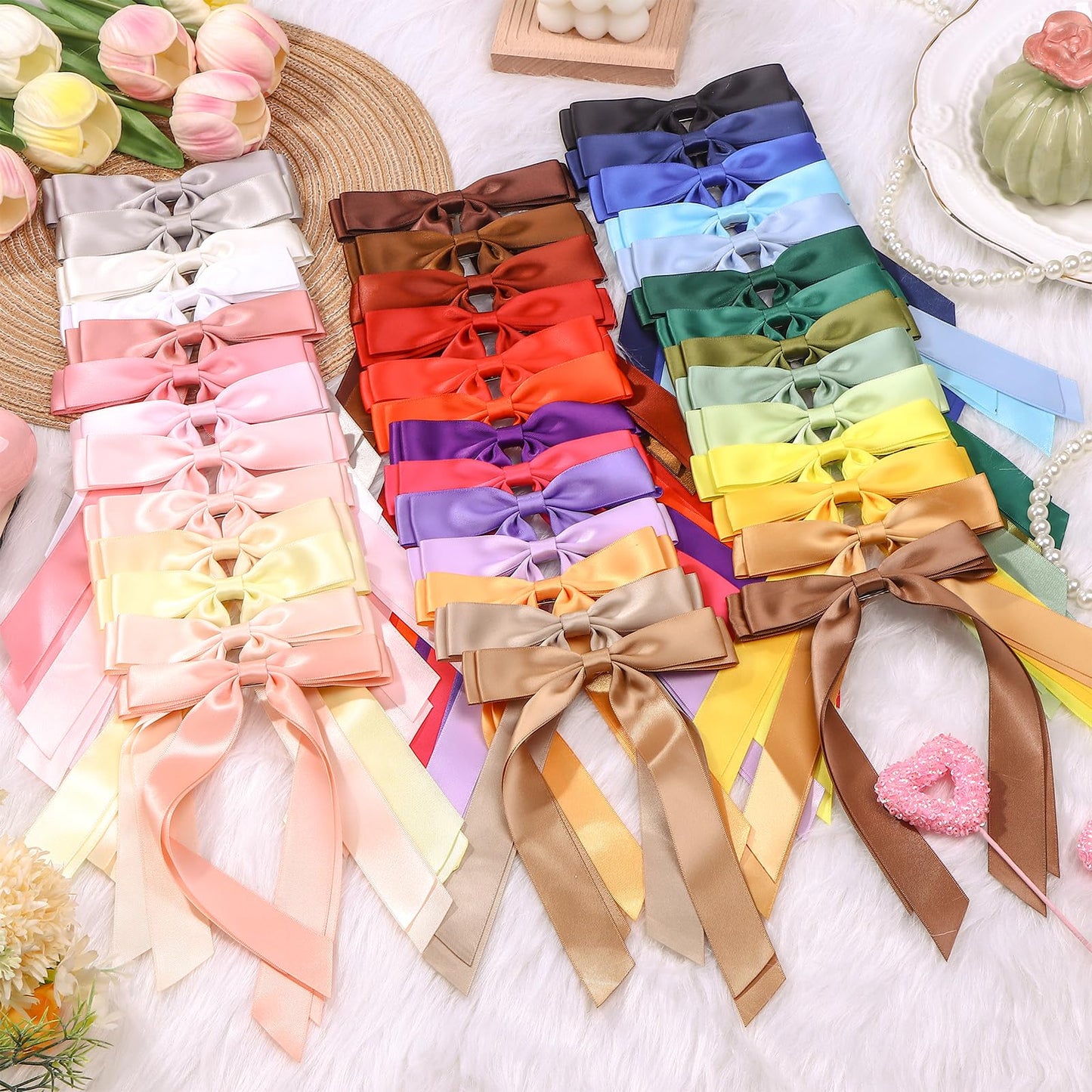 40Pcs Satin Hair Bows Bulk Big Hair Bows for Women Large H-air Ribbons Silky Satin Oversized H-air B-ows Long Tail for Women Oversized Long Tail Ribbons Large Knot Clips Barrettes for Holiday Gifts