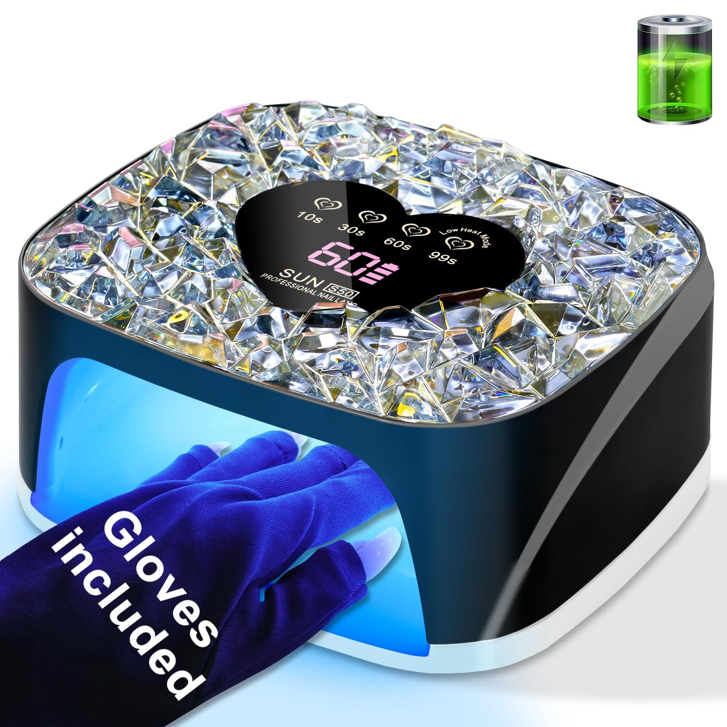 LIMEGIRL UV LED Nail Lamp Kit for Gel Polish Professional Fast Black Diamond Design Curing Dryer Light Set with 4 Timers and Gloves Cordless Rechargeable Nail Art Cure Machine at Home and Salon
