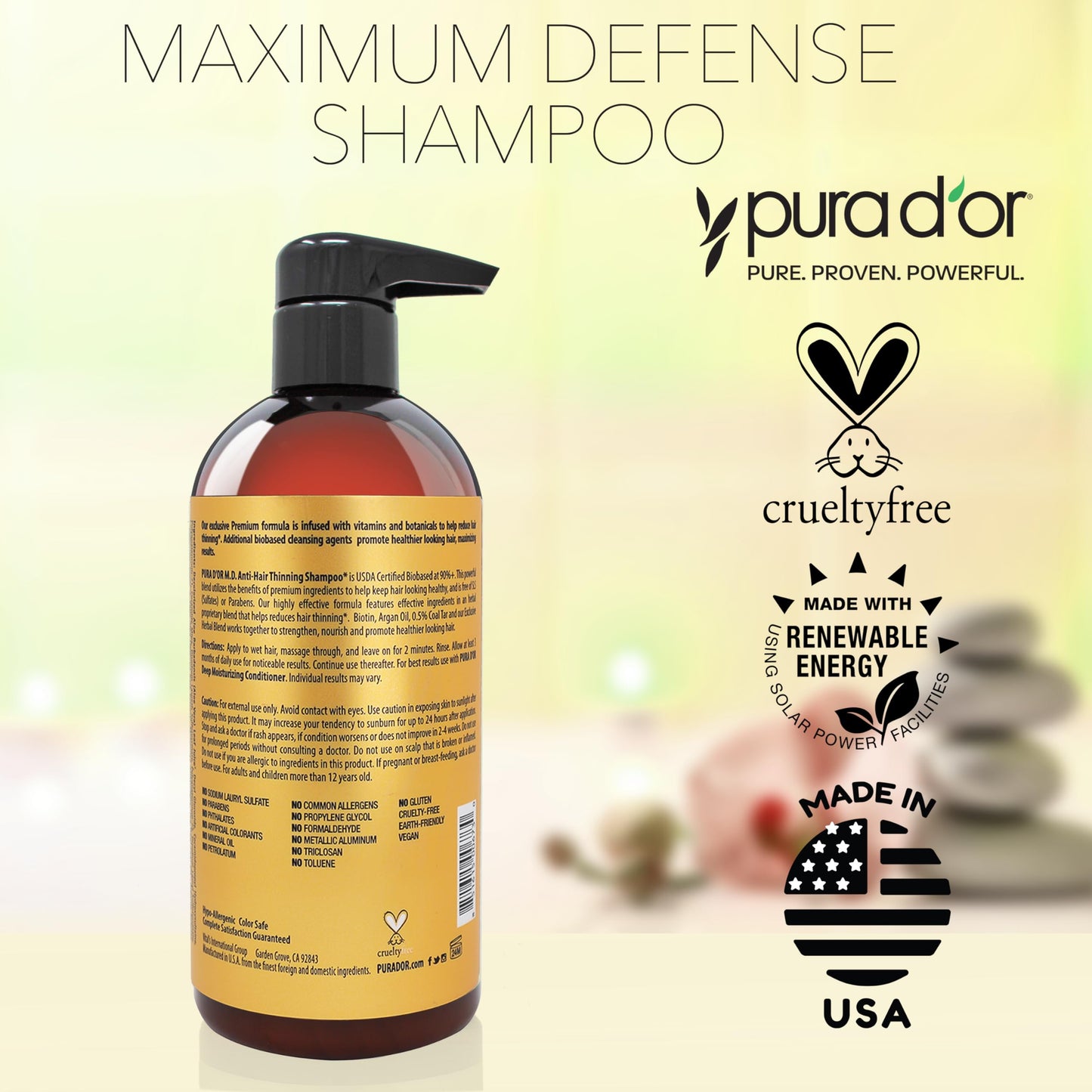 PURA D'OR MD Anti-Hair Thinning Maximum Defense Shampoo - 0.5% Coal Tar, Biotin, Proprietary Herbal Blend For Dry & Itchy Scalp, No Sulfates - For Men & Women, Strong Coal Tar Scent 16 Oz