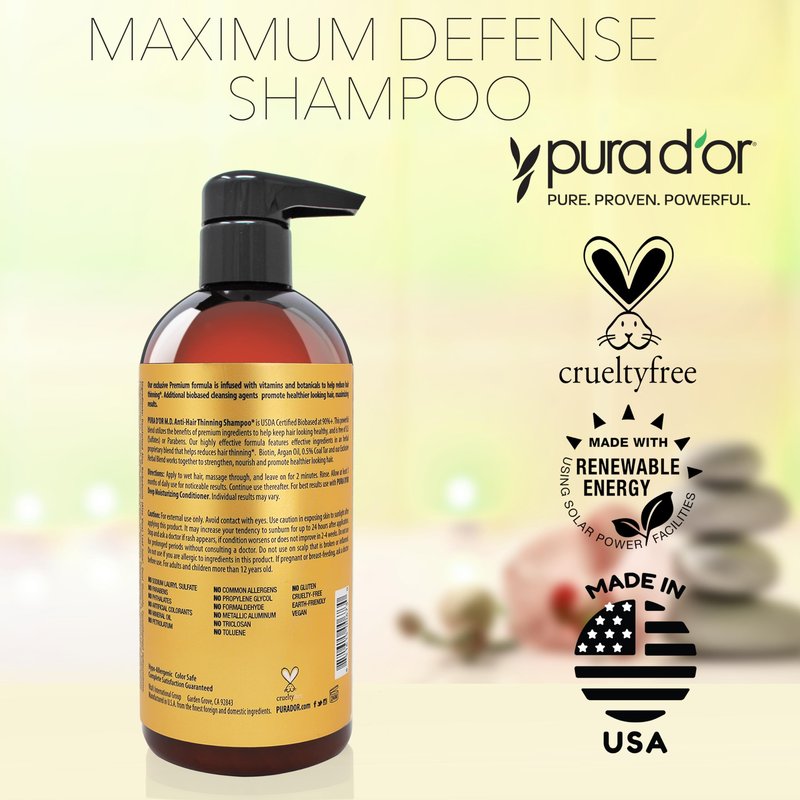 PURA D'OR MD Anti-Hair Thinning Maximum Defense Shampoo - 0.5% Coal Tar, Biotin, Proprietary Herbal Blend For Dry & Itchy Scalp, No Sulfates - For Men & Women, Strong Coal Tar Scent 16 Oz