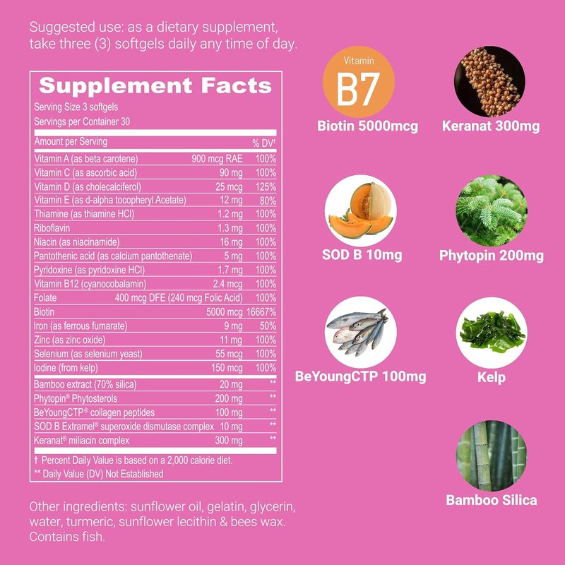 Hair Growth Vitamins for Women - Biotin 5000 mcg, KERANAT & DHT Blocker | 90 ct Hair Supplement for Thinning Hair