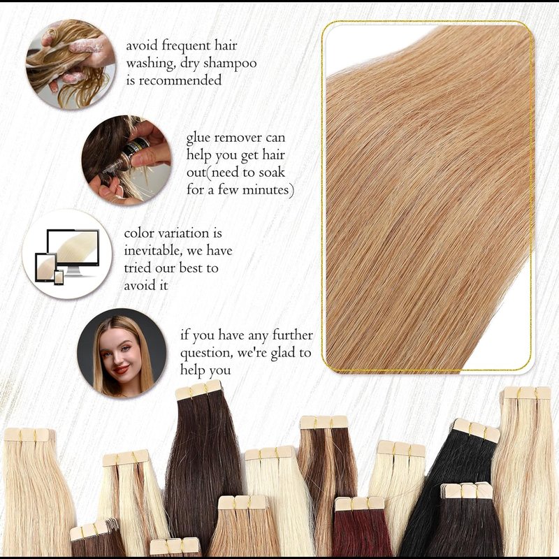 Tape-In Hair Extensions - 20pcs Human Hair Seamless Weft - #27 Dark Blonde, 16" Length