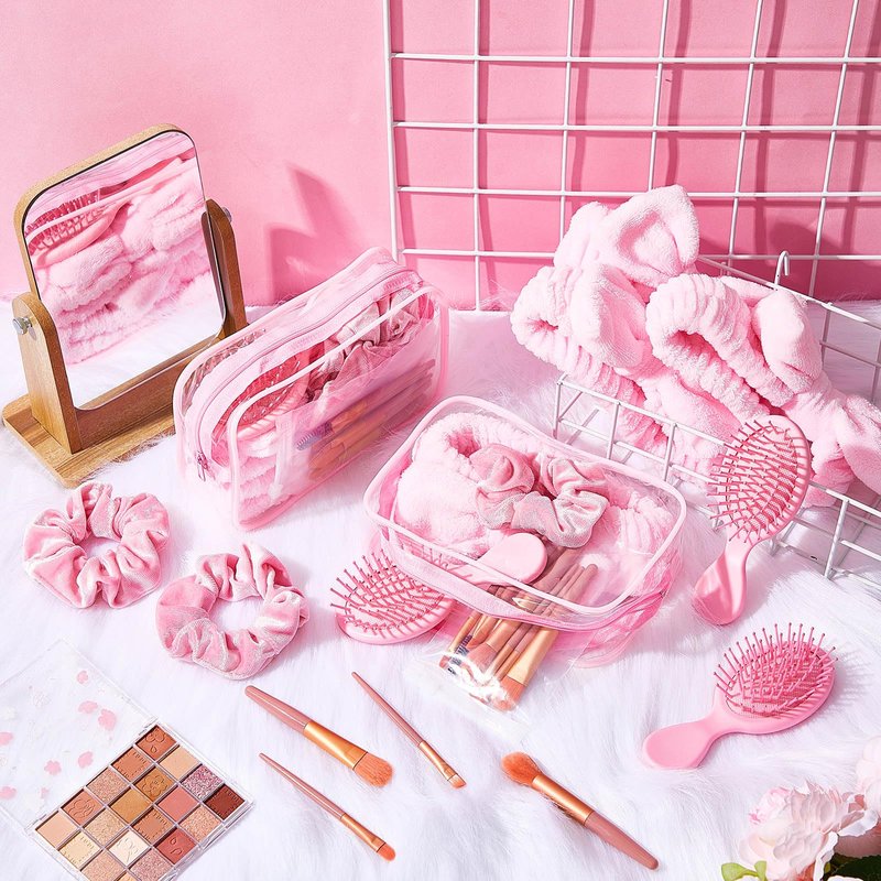Daifunli 6 Set Pink Spa Party Favors for Women Travel Makeup Brush Bag Mini Hair Brushes Headband Scrunchies for Sleepover Bachelorette Wedding Bridal Shower Party Supplies Bridesmaid Gifts