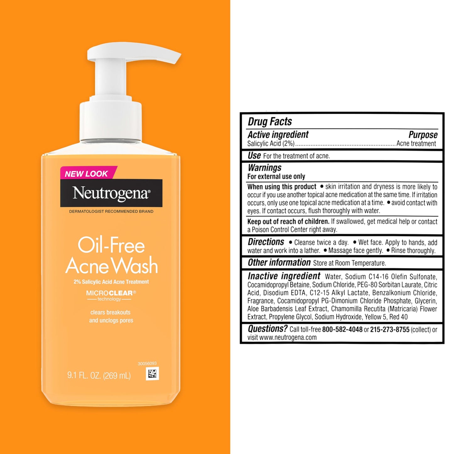 Neutrogena Oil Free Acne Face Wash for Oily Skin, Salicylic Acid Cleanser, Noncomedogenic, Residue Free, Easy Pump Bottles, 9.1 Fl Oz, 3 Count