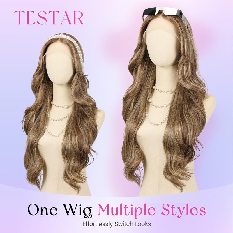 testar Brown Wigs Lace Front Wig Ready to Wear 13x6 HD Glueless Wave Lace Wig for White Women Heat Resistant Synthetic Fiber Wig Long Wavy Wig Natural Black (28 Inch)