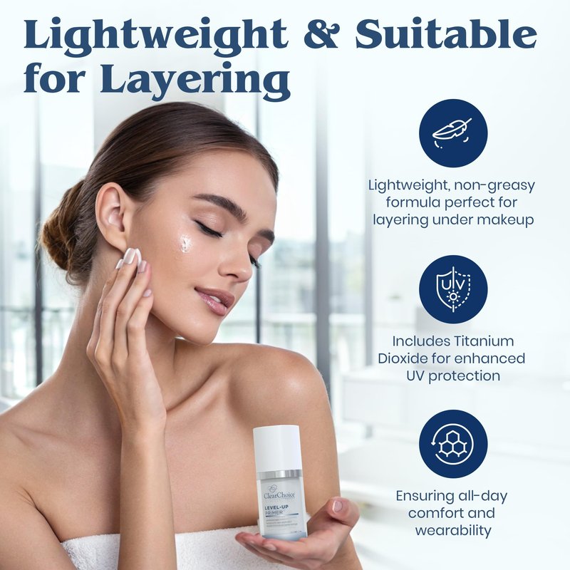 Clear Choice Level-Up Primer 1.7oz โ Lightweight Face Primer with Antioxidants, Hydrates & Protects, Smooths Skin for Makeup Application, PABA-Free