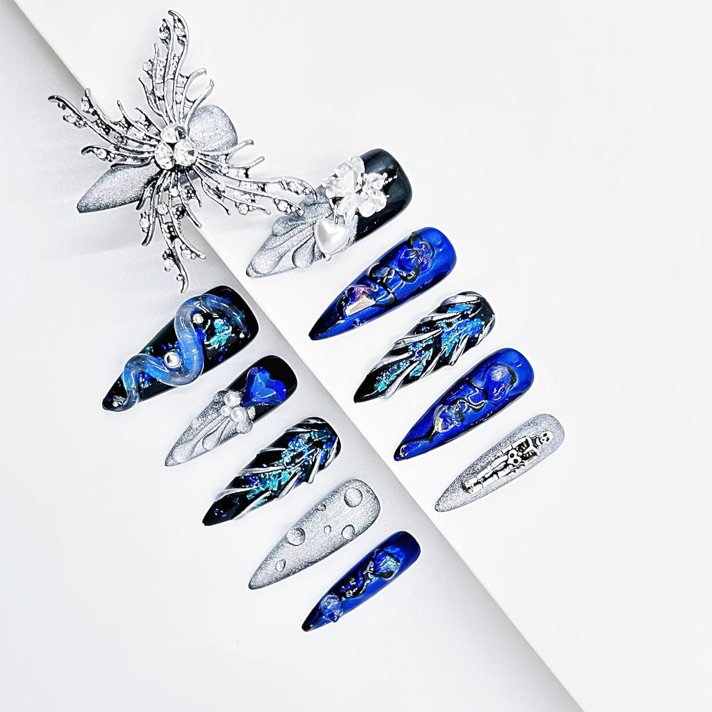 Luxury Handmade Almond Press-On Nails - Reusable Halloween Goth Style (10pcs, Red Spider)