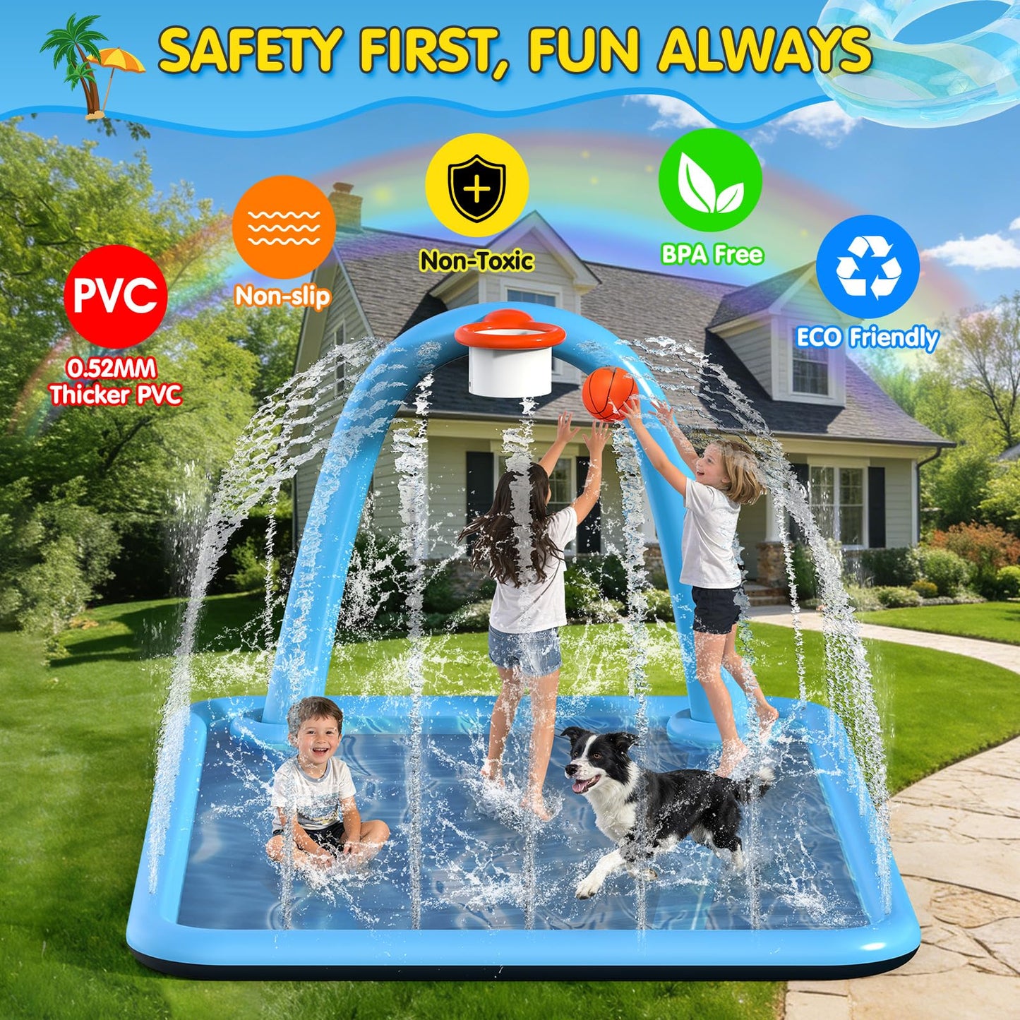 Instraella Splash Pad, 110x91'' 2-in-1 Large Sprinkler Mat with Basketball Hoop and Arch for Kids Outdoor Play, Shoot Game for Backyard, Inflatable Water OutdoorToys More Fun for Boys and Girls