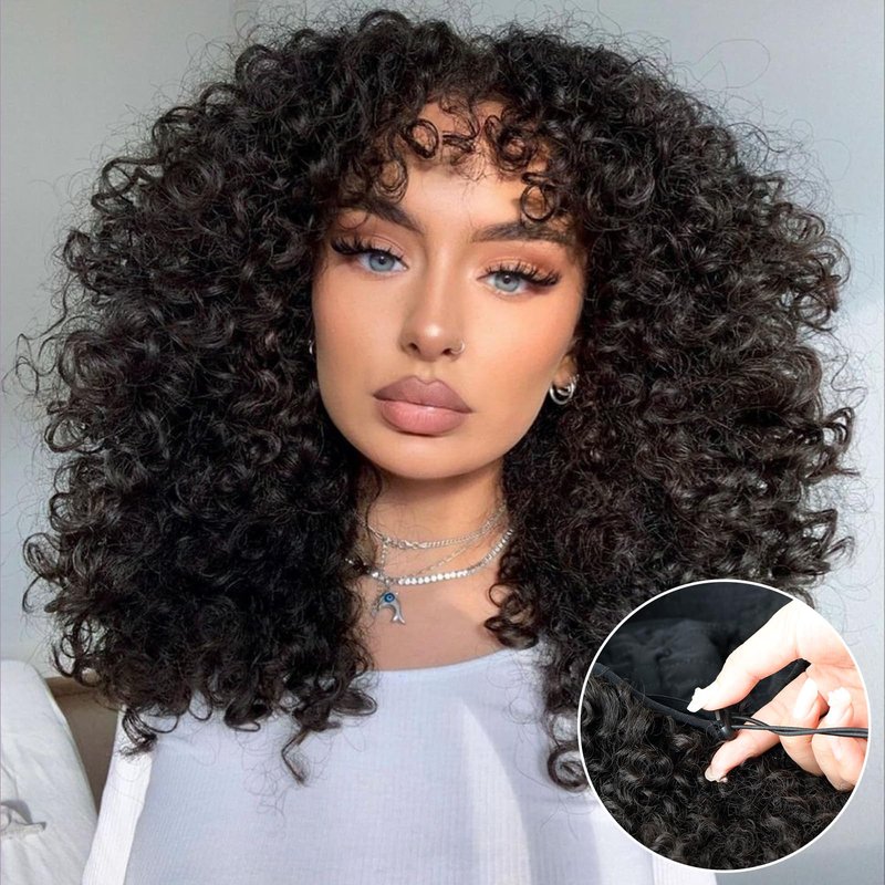 NOSTALGIA Afro Kinky Curly Half Wigs For Black Women 3 In 1 Half Wig Synthetic With Drawstring Afro Curly Glueless Flip Over Wigs Quick Install Beginner Friendly(Naturak Black 2#)