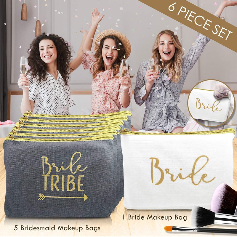 Heather & Willow 6 Piece Set | Bride Tribe Canvas Cosmetic Makeup Clutch Gifts Bag for Bridesmaid Proposal Box & Bridesmaids Bachelorette Party Favors (Grey)