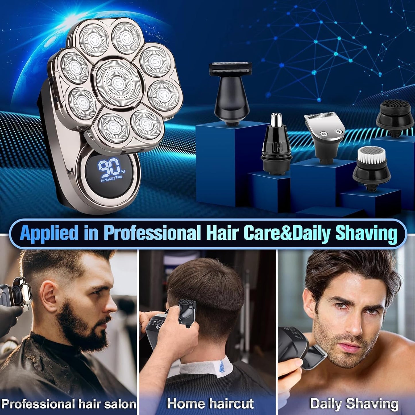 9D Head Shavers for Bald Men, Electric Razor for Men to Shave Fast with LED Display, Cordless Rechargeable, IPX7 Waterproof Wet/Dry Rotary Shaver Kit with Nose Hair Trimmer Shaver, Gift for Mens