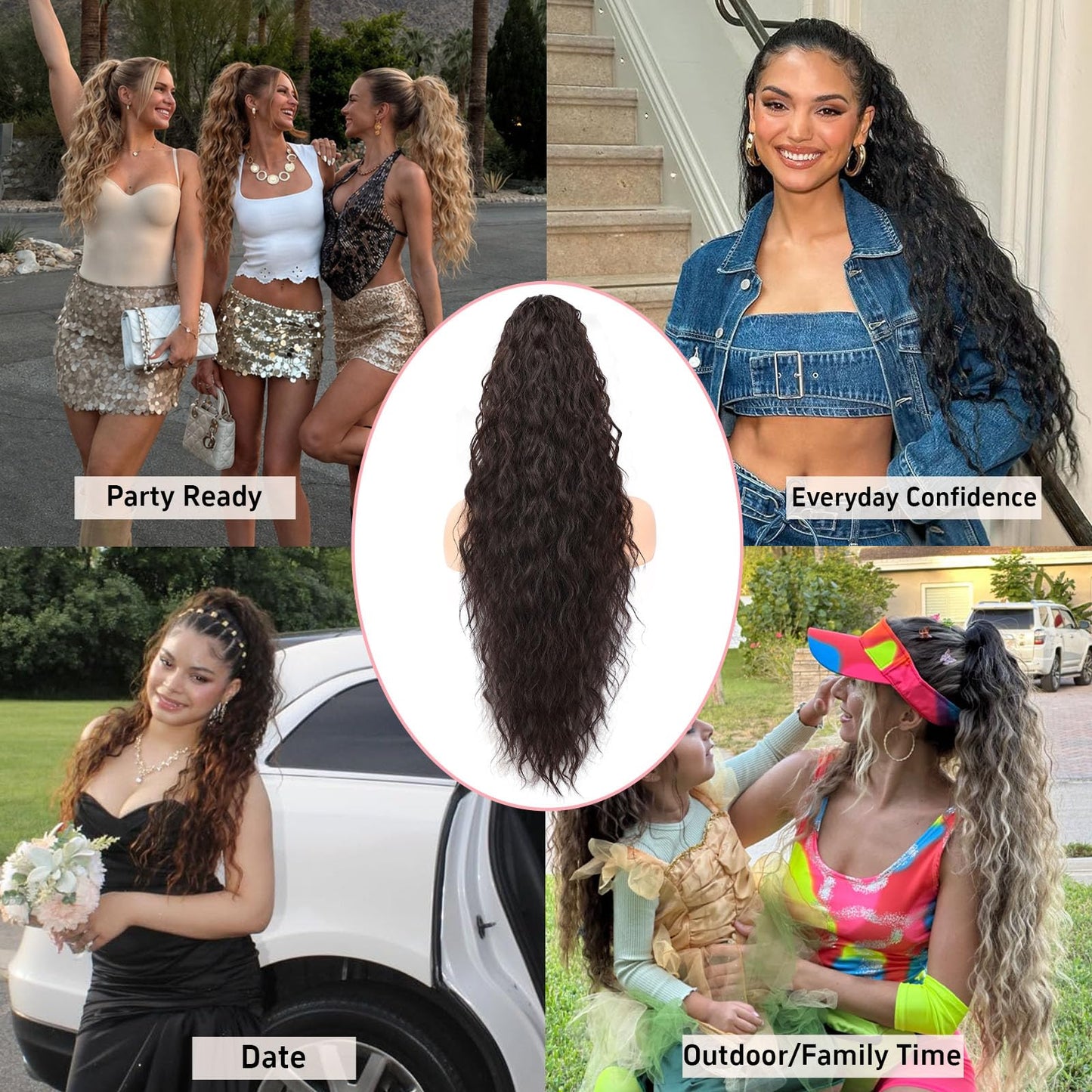 ORSUNCER Claw Long Wavy Ponytail Extension Black Brown 30" Curly Pony Tail Clip in Hair Extensions for Women fluffy Natural Looking Synthetic Hairpiece for Daily Use