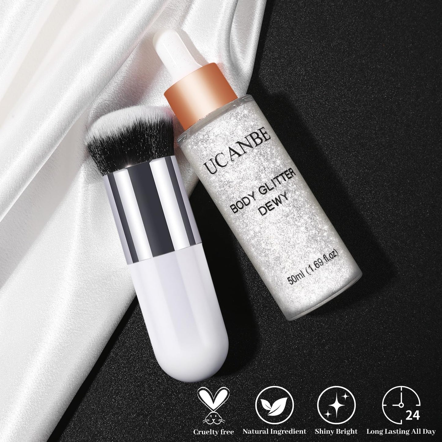 UCANBE Face Body Glitter Liquid Highlighter Illuminator Dewy Drops with Makeup Brush, Makeup Sparkle Shine Luminizer Enhancer Skin Body Shimmer Tint 50ml/1.69oz (02 Silver Fairy White, Standard)