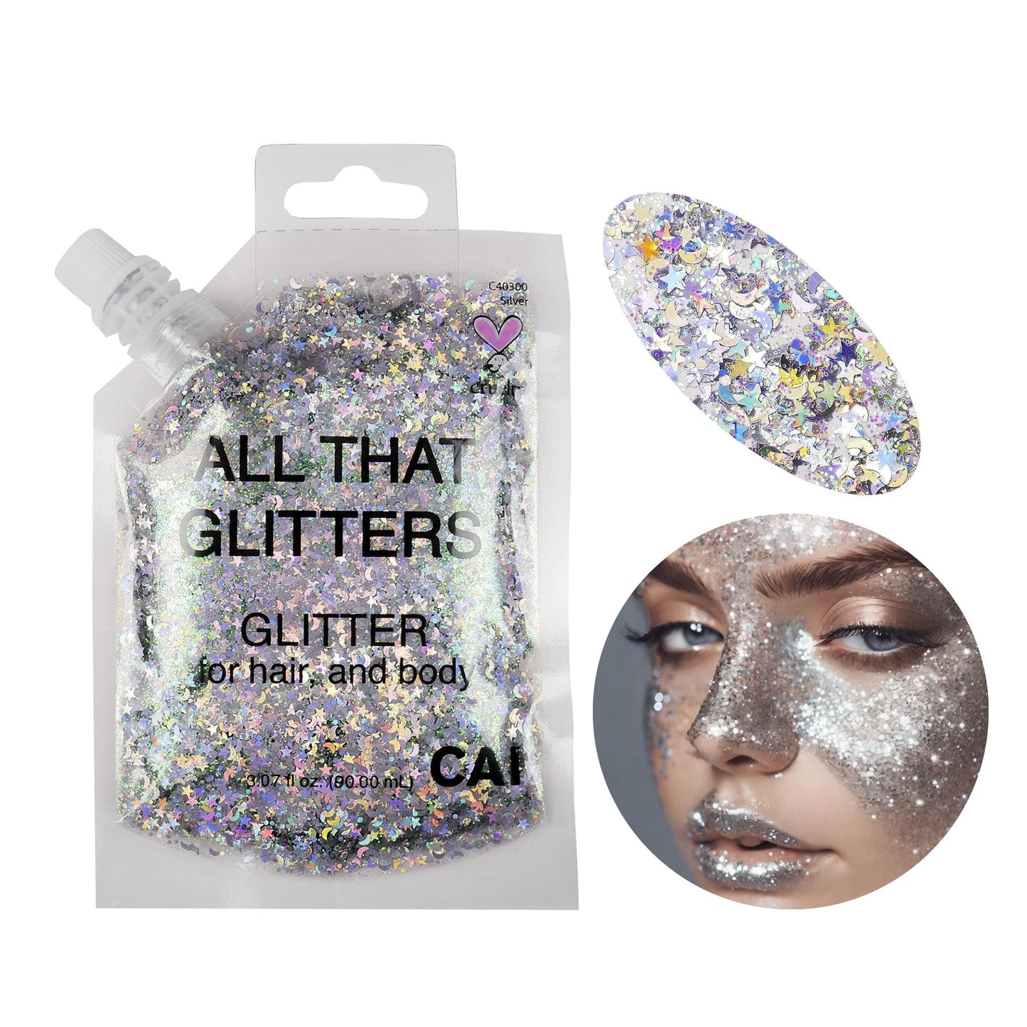 Face, Body & Hair Glitter Gel – Halloween Glitter for Kids and Women – 3 Oz Cosmetic-Grade Gel w/Moon & Stars for Festivals & Halloween Party