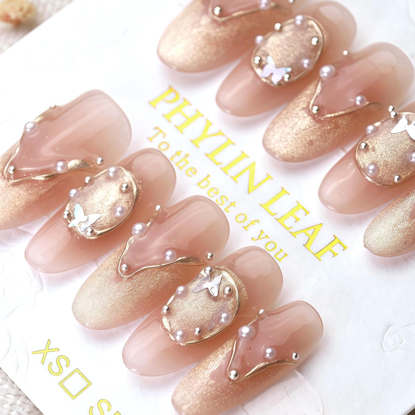 3D Sea Shell Press-On Nails - Handmade Medium Almond Beach Nail Art with Butterflies (L Size)