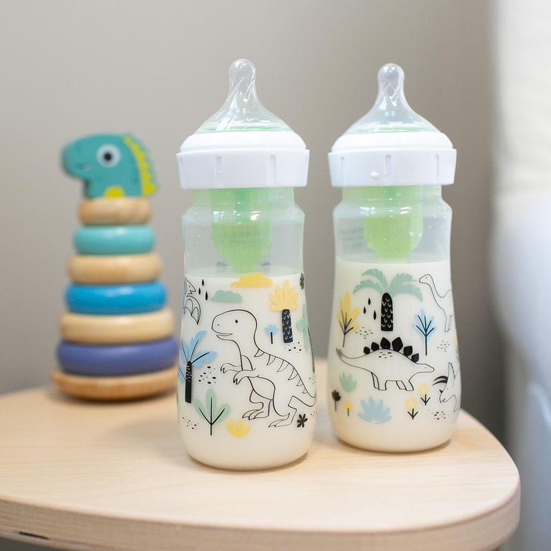 Dr. Brown's Anti-Colic Options + Wide-Neck Baby Bottle Designer Edition Dino Decos, 9oz/270mL, Level 1 Slow Flow Nipple, BPA-Free, 0m+, 2-Pack
