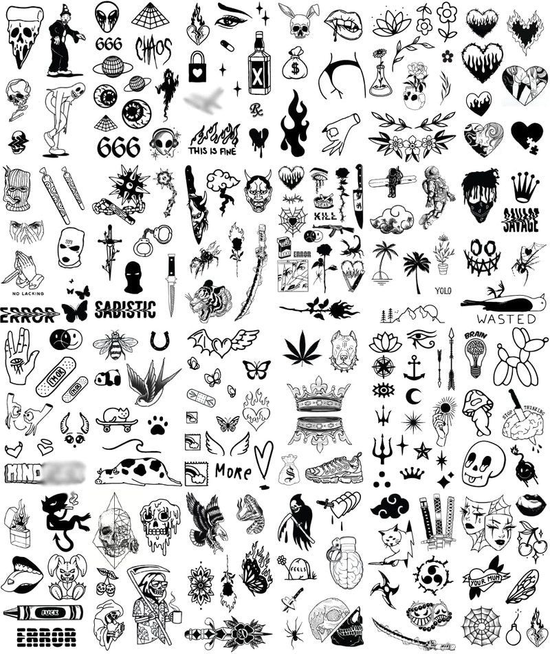 Impressed 48 Sheets Custom Unisex Ignorant Patchwork Temporary Tattoos - Small Semi Permanent Minimalist Black Fake Flash Tattoo for Women and Men - Micro Tiny Adult Hand, Sleeve, Finger Tat for Teens