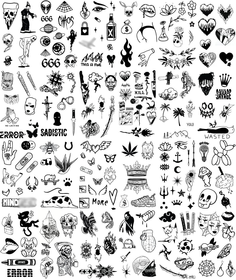 Impressed 48 Sheets Custom Unisex Ignorant Patchwork Temporary Tattoos - Small Semi Permanent Minimalist Black Fake Flash Tattoo for Women and Men - Micro Tiny Adult Hand, Sleeve, Finger Tat for Teens