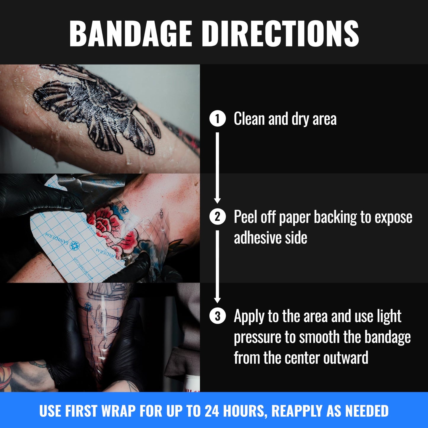 Saniderm Tattoo Recovery Bundle (3 Items) – Aftercare Bandage Sheets (6 in x 8 in) + Foaming Soap (1.7oz) + Aftercare Balm Plus+ (0.6 oz)