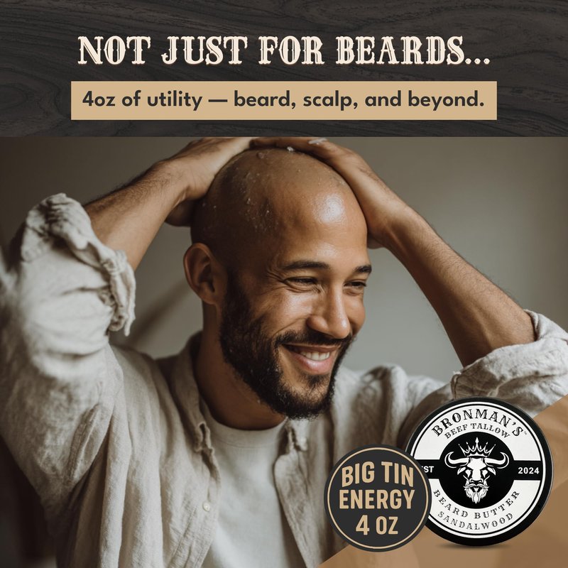 Bronmans Beef Tallow Beard Butter for Men - 4oz - Hydrating Sandalwood Beard and Skin Balm with Shea Butter - Deeply Moisturizing Tallow