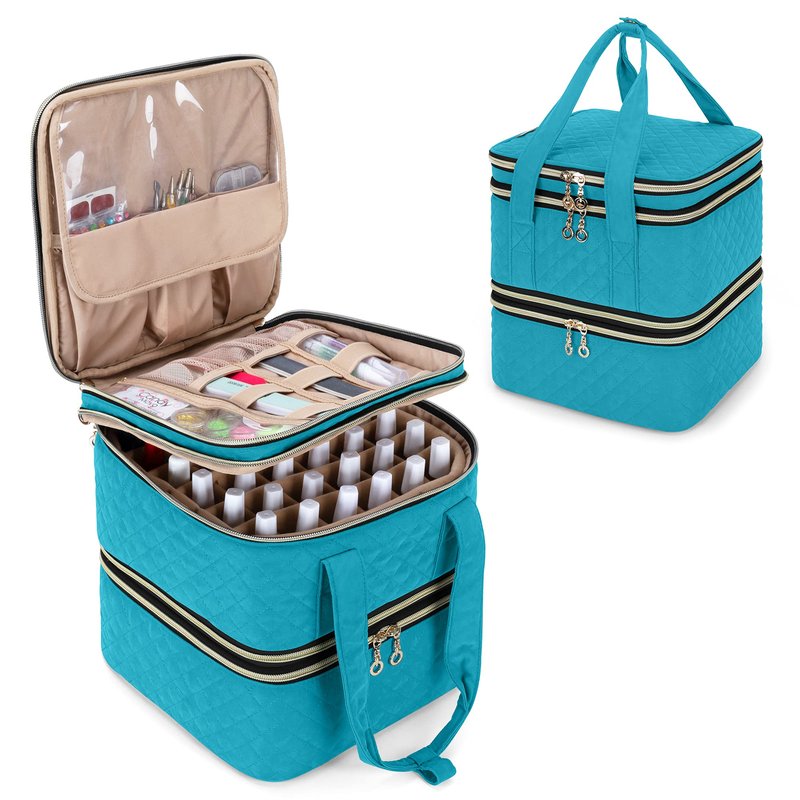 Yarwo Nail Polish Organizer - 72 Bottle Case (15ml/0.5 fl.oz), Detachable 3-Layer Storage Bag with Removable Dividers for Nail Lamp & Tools, Teal