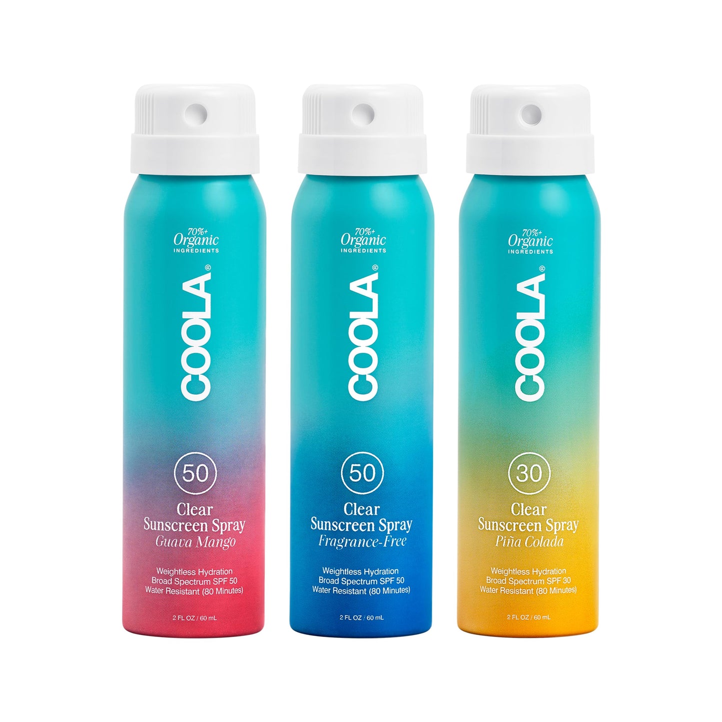 COOLA Organic Sunscreen SPF 50 & 30 Sunblock Spray Kit, Dermatologist Tested Skin Care for Daily Protection, Vegan and Gluten Free,Travel Size, 2 Fl Oz, 3 Pack