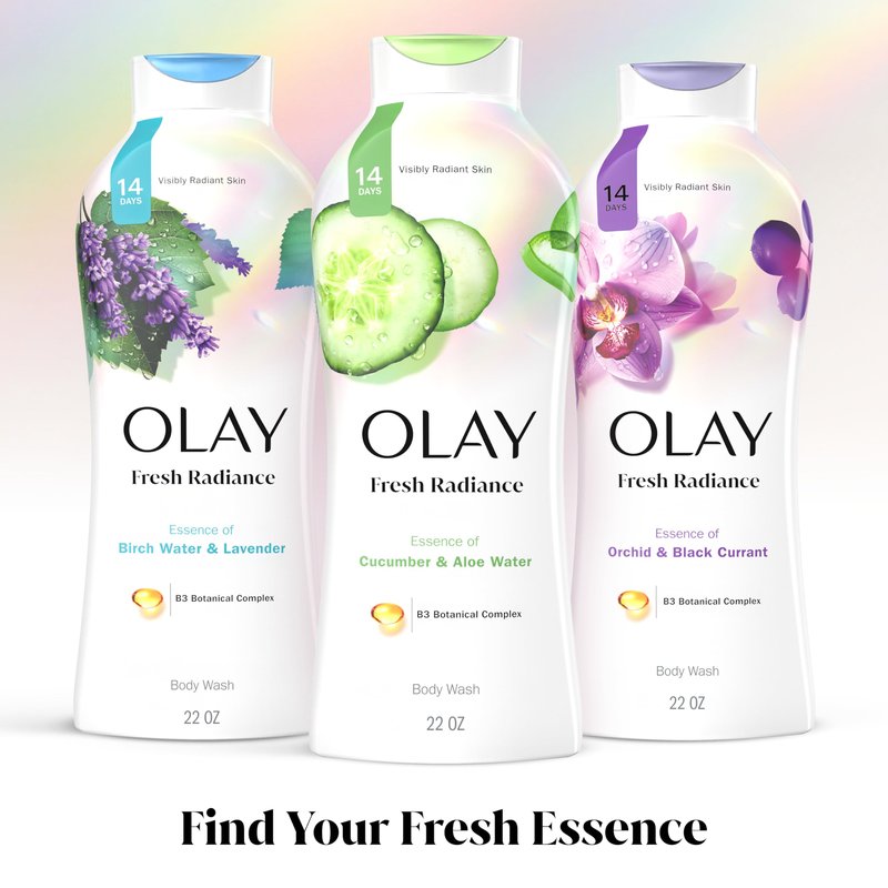 Olay Body Wash for Women, Fresh Radiance, Refreshing & Renewing, Made with Plant Based Cleansers, B3 Botanical Complex, For All Skin Types, Cucumber & Aloe Water Scent, 22 fl oz (Pack of 4)