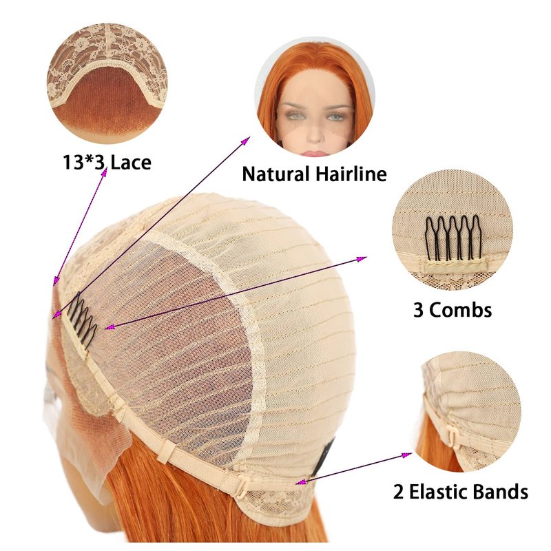 Orange Lace Front Wig - 13x4 Synthetic Natural Wave - 26 Inch Glueless Pre Plucked for Daily Cosplay & Halloween