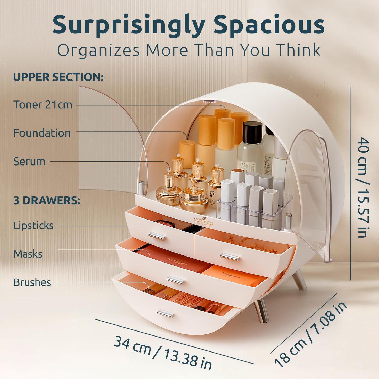 Glamora – Luna by COZYTO – Premium Cosmetic Organizer with Magnetic Doors Multi-Tier Skincare & Makeup Cabinet Perfume Organizer Makeup Organizer (Pearl White/Blush Pink & Silver Accents)