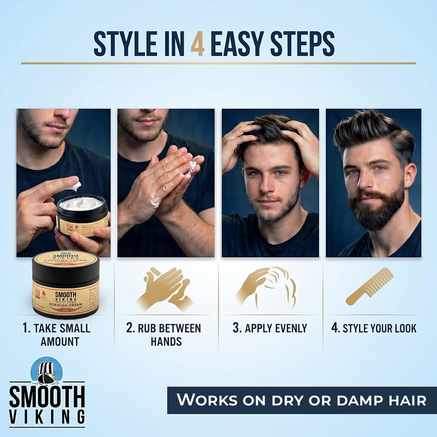 Smooth Viking Forming Cream - High Hold Styling Cream for Matte Finish, Men's Hair Products, Hair Paste for Short, Curly and Long Hair, Made in USA, 2oz
