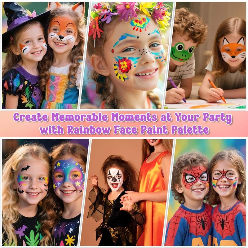 Face Painting Kit with Organizer Box - Rainbow Color Non Toxic & Washable Face Paint Set with Stencils, Brush & Gems Party Makeup for Halloween, Carnival & Costume